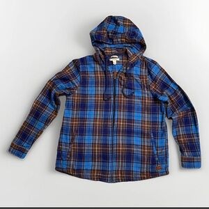 LL Bean Jacket Medium Blue Green Plaid Flannel Hooded Full Zip Relaxed Fit